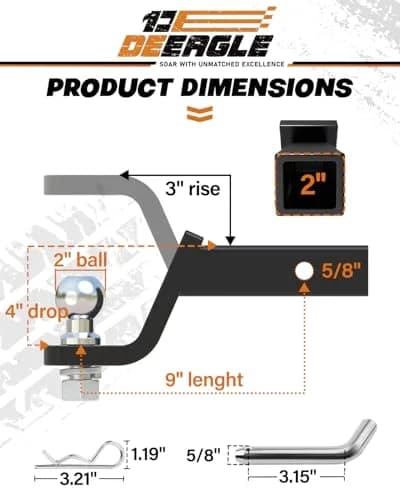 DEEAGLE 2-inch Ball Hitch with Pin, 4-inch Drop, 7500lbs GTW | Heavy Duty Steel Trailer Ball Mount thumbnail 2