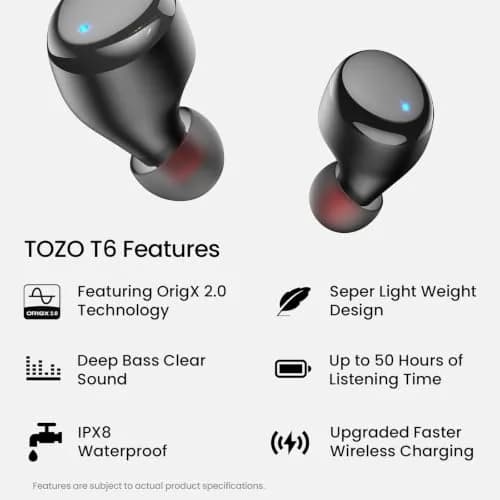 TOZO T6 Wireless Earbuds Bluetooth 5.3 Stereo Sound in Ear Headphones | 55H Playtime, IPX8 Waterproof, Wireless Charging thumbnail 2