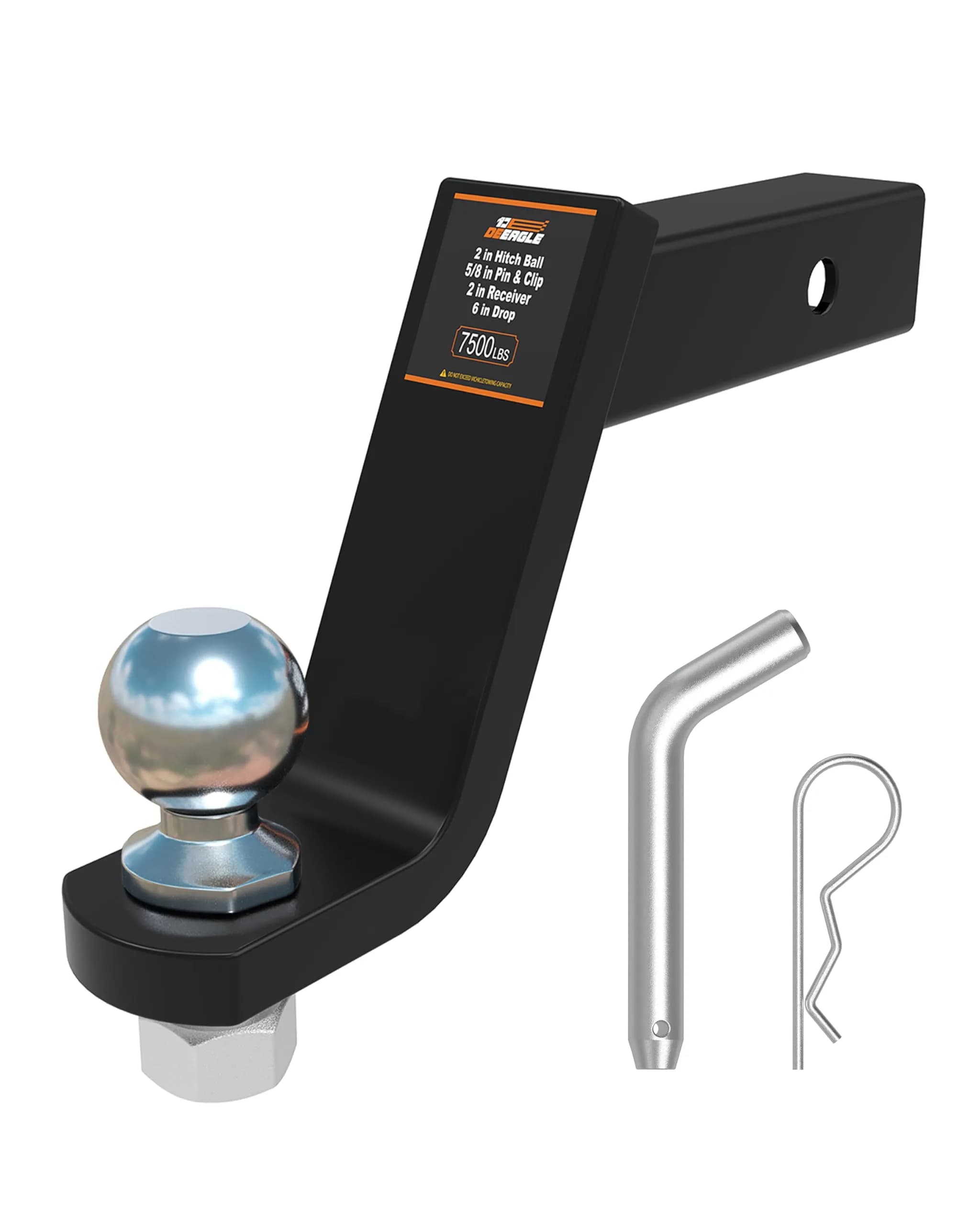 DEEAGLE 2-inch Ball Hitch with Pin, 4-inch Drop, 7500lbs GTW | Heavy Duty Steel Trailer Ball Mount — 2 in