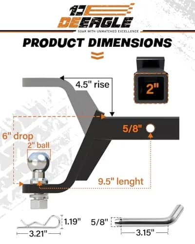 DEEAGLE 2 inch Ball Hitch with Pin, 7500lbs GTW 750lbs TW, 6 inch Drop, 4.5 inch Rise | Heavy Duty Steel Trailer Hitch Mount thumbnail 2