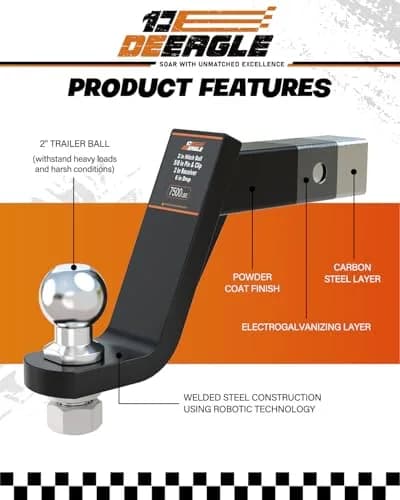 DEEAGLE 2 inch Ball Hitch with Pin, 7500lbs GTW 750lbs TW, 6 inch Drop, 4.5 inch Rise | Heavy Duty Steel Trailer Hitch Mount thumbnail 3