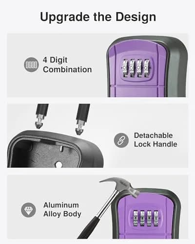 Puroma Outdoor Key Lock Box Purple 14.6cm (5.75 inch) | Resettable 4-Digit Combination Lockbox for Home Wall Mount thumbnail 4
