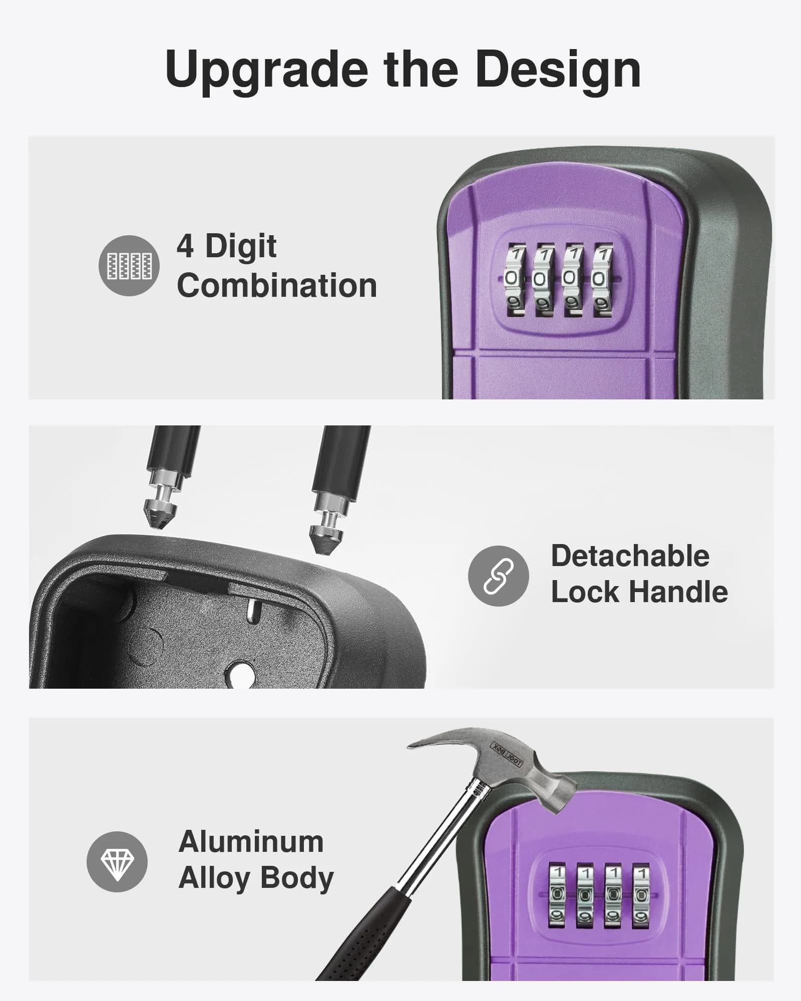 Puroma Outdoor Key Lock Box Purple 14.6cm (5.75 inch) | Resettable 4-Digit Combination Lockbox for Home Wall Mount - view 4