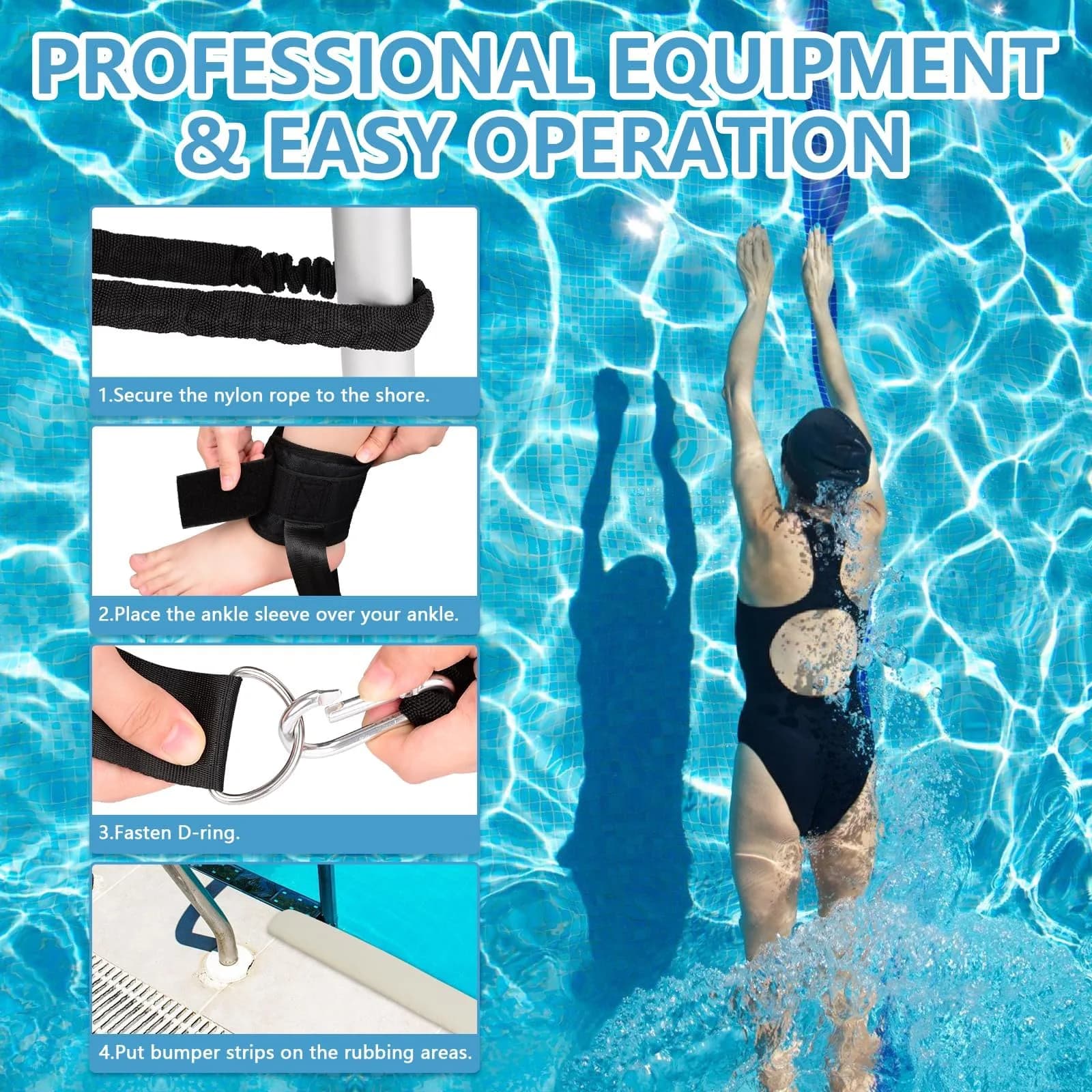 Hikeen Swim Ankle Straps 2-Pack | 4m Tether with Metal Buckle & Bumper Strips for Stationary Swim Training - view 5
