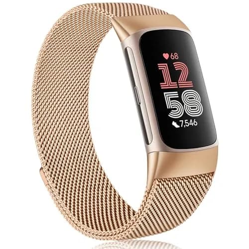 Meliya Fitbit Charge 6 Bands Stainless Steel Mesh Loop Rose Gold | Adjustable Magnetic Wristband thumbnail 1