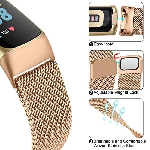 Meliya Fitbit Charge 6 Bands Stainless Steel Mesh Loop Rose Gold | Adjustable Magnetic Wristband thumbnail 3