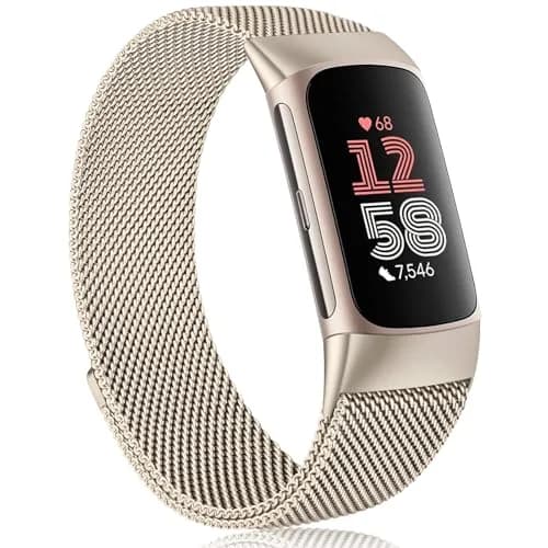 Meliya Fitbit Charge 6 Bands Stainless Steel Mesh Loop Adjustable Magnetic Wristband Champagne | Compatible & Durable thumbnail 1