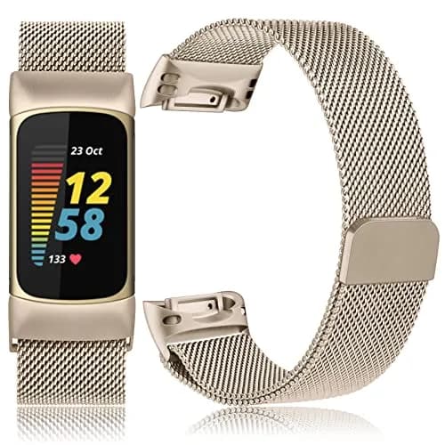 Meliya Fitbit Charge 6 Bands Stainless Steel Mesh Loop Adjustable Magnetic Wristband Champagne | Compatible & Durable thumbnail 2
