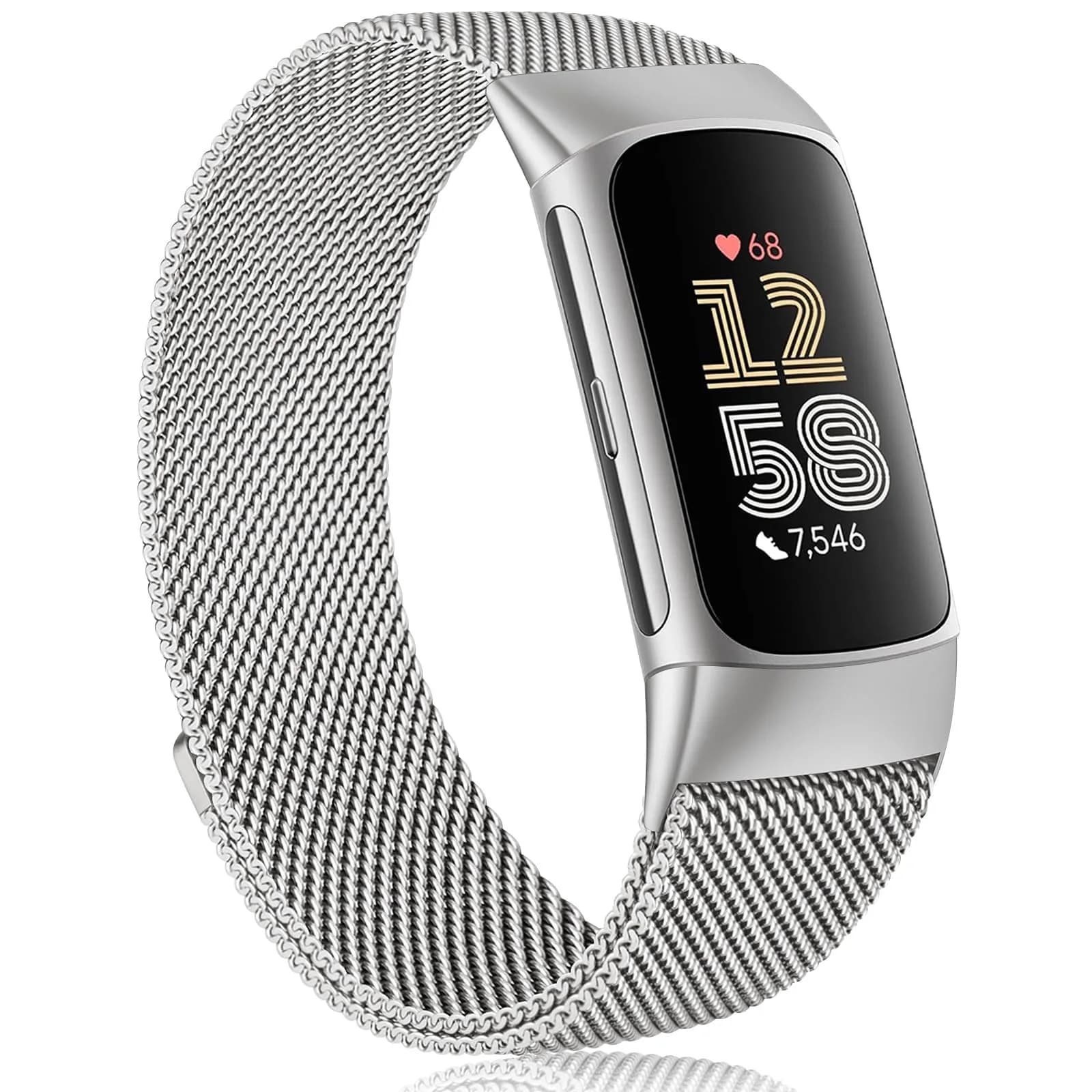 Meliya Stainless Steel Mesh Watch Band for Fitbit Charge 6 | Adjustable Magnetic Strap (Black) — Silver