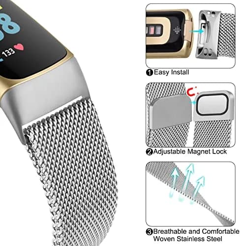 Meliya Stainless Steel Watch Band for Fitbit Charge 6 | Adjustable Magnetic Mesh Strap (Silver) thumbnail 3