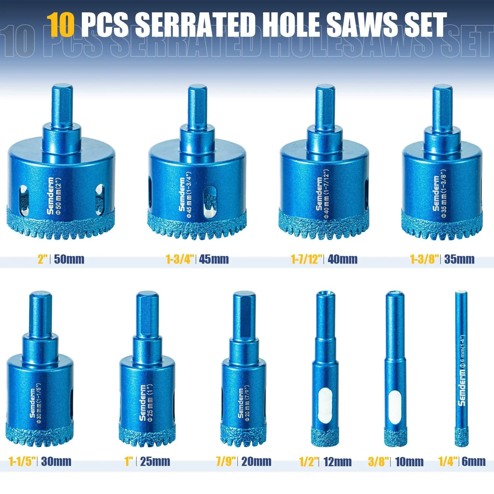 Semderm 10 PCS Serrated Brazing Diamond Hole Saw Set for Glass, Tile, Stone & Granite - view 2