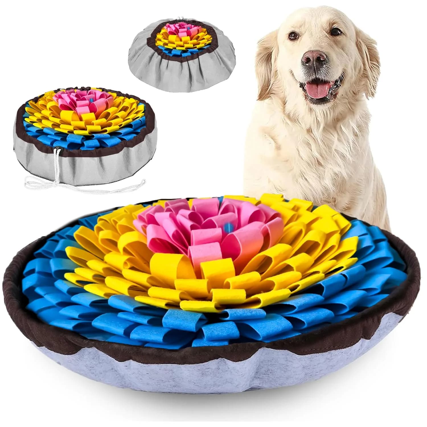 PET ARENA Adjustable Snuffle Mat Dog Puzzle Toy for Slow Feeding | Stimulates Smell & Mental Health — Pink Yellow Blue