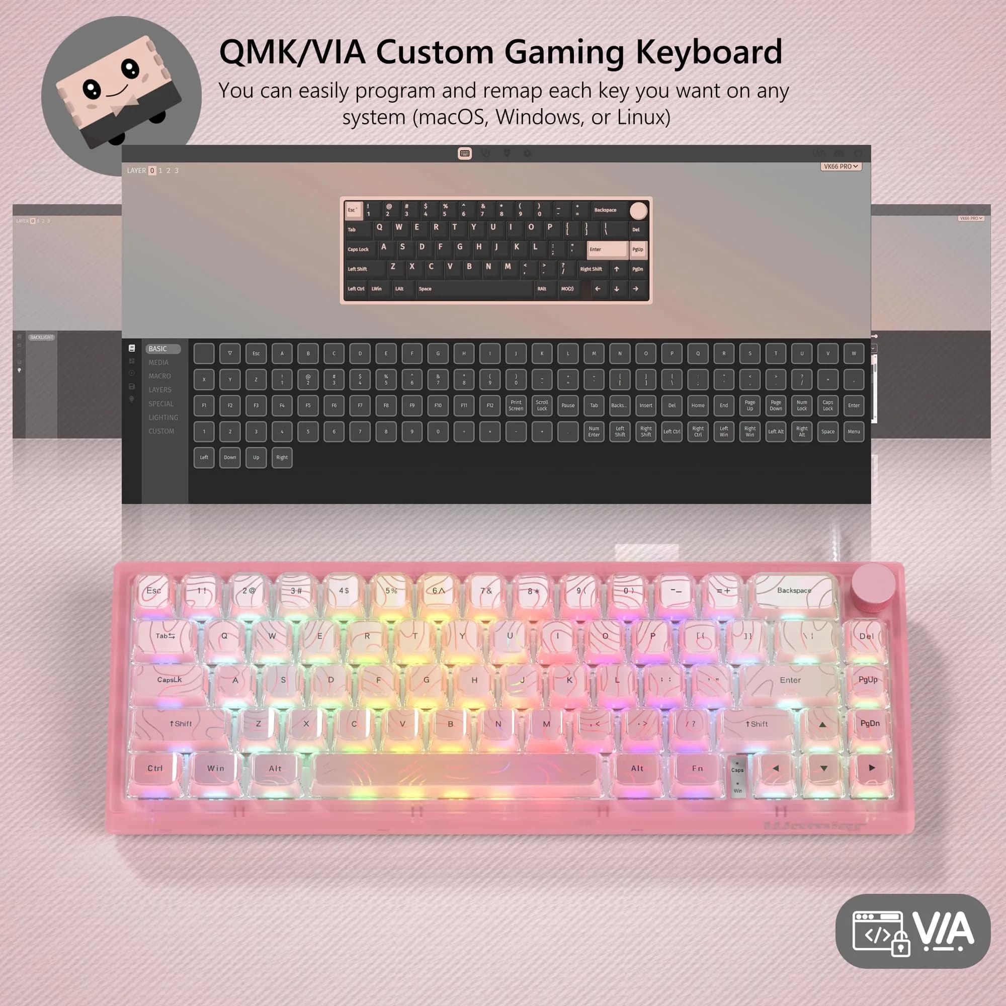 Womier WK61 V2 Mechanical Keyboard 61 Keys Hot-Swappable Linear Red Switch - V-Pink1 - view 2