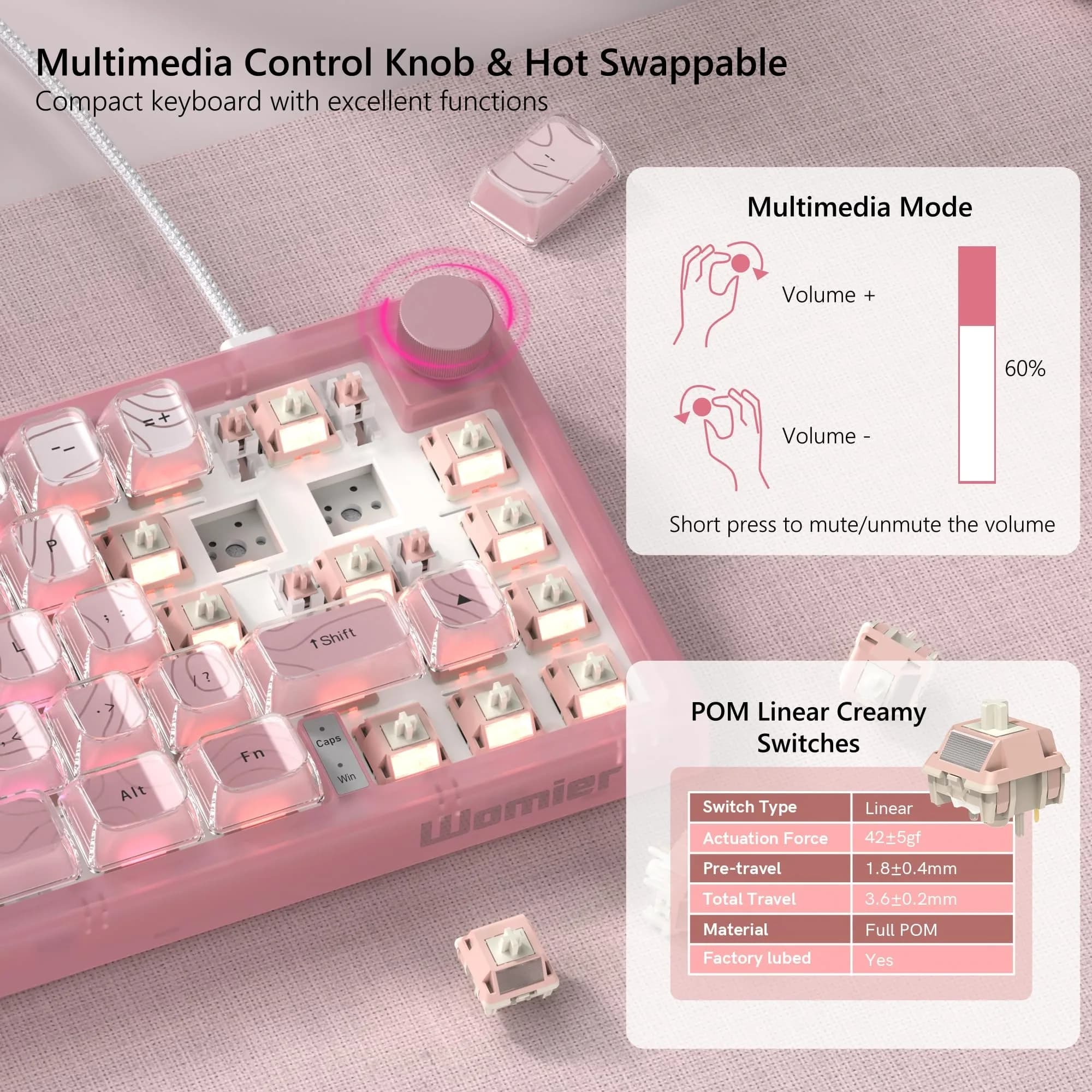 Womier WK61 V2 Mechanical Keyboard 61 Keys Hot-Swappable Linear Red Switch - V-Pink1 - view 3