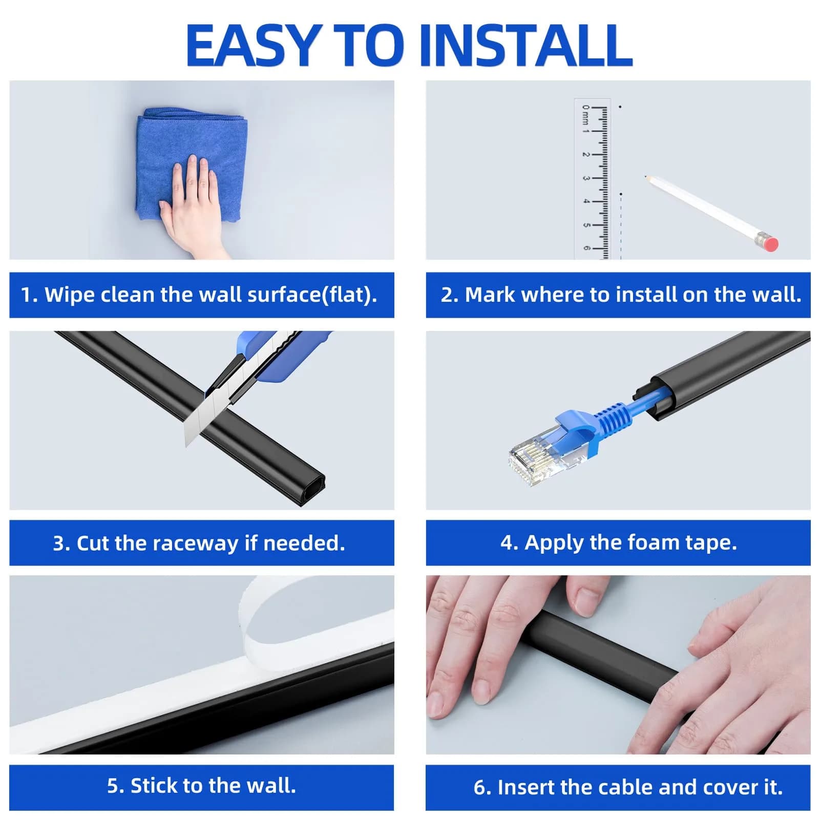 Delamu Mini Cable Wire Hider for Wall, 325 cm (128 in) Black | Conceals Single Thin Cord - view 6