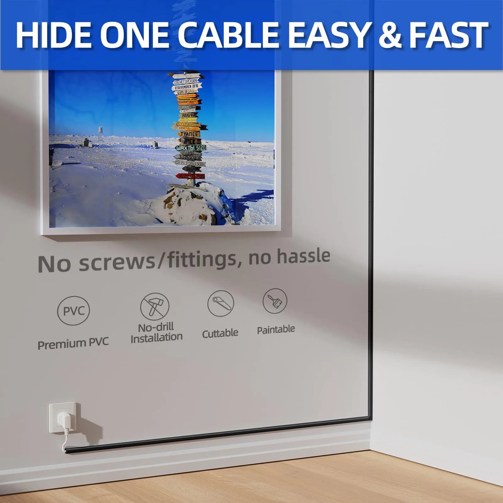 Delamu Mini Cable Wire Hider for Wall, 325 cm (128 in) Black | Conceals Single Thin Cord - view 3