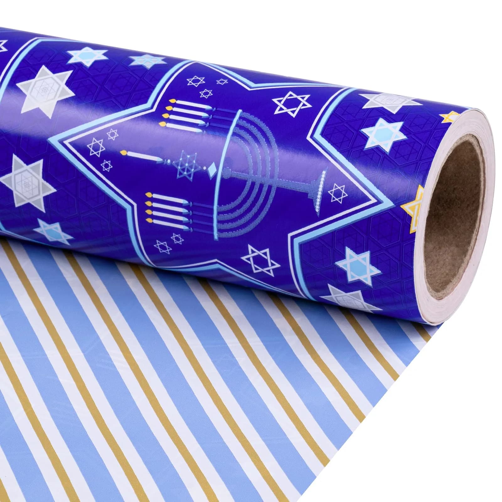 RUSPEPA Reversible Hanukkah Wrapping Paper Roll, Mini Roll, Blue Star of David and Menorah Design, 17 Inches x 32.8 Feet | Festive Double-Sided Gift Wrap