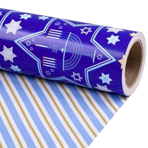 RUSPEPA Reversible Hanukkah Wrapping Paper Roll, Mini Roll, Blue Star of David and Menorah Design, 17 Inches x 32.8 Feet | Festive Double-Sided Gift Wrap thumbnail 1