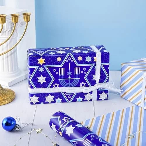 RUSPEPA Reversible Gift Wrap Paper Roll 30 in x 32.8 ft | Blue Star of David & Menorah Design, Jumbo Hanukkah & Christmas Gift Wrap thumbnail 4