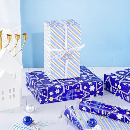 RUSPEPA Reversible Gift Wrap Paper Roll 30 in x 32.8 ft | Blue Star of David & Menorah Design, Jumbo Hanukkah & Christmas Gift Wrap thumbnail 5