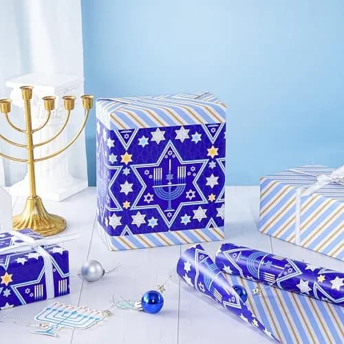 RUSPEPA Reversible Gift Wrap Paper Roll 30 in x 32.8 ft | Blue Star of David & Menorah Design, Jumbo Hanukkah & Christmas Gift Wrap thumbnail 6