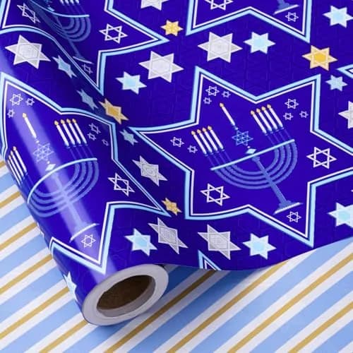 RUSPEPA Reversible Gift Wrap Paper Roll 30 in x 32.8 ft | Blue Star of David & Menorah Design, Jumbo Hanukkah & Christmas Gift Wrap thumbnail 2
