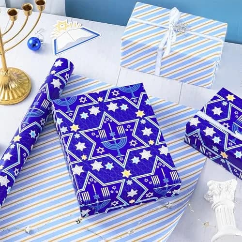 RUSPEPA Reversible Gift Wrap Paper Roll 30 in x 32.8 ft | Blue Star of David & Menorah Design, Jumbo Hanukkah & Christmas Gift Wrap thumbnail 3