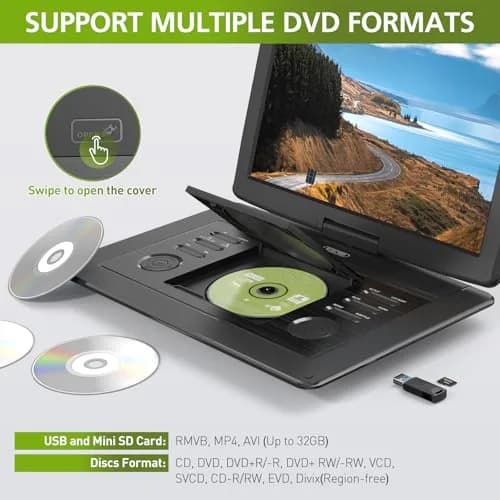PJGCWB 15.6" Portable DVD Player with Bluetooth Headset & Carrying Bag | 1280x800 HD Swivel Screen, 5-Hour Battery thumbnail 4