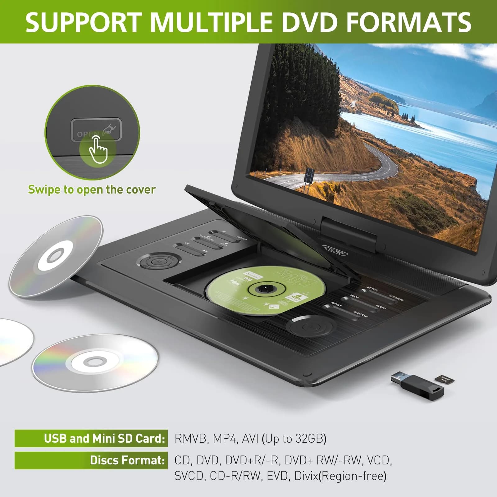PJGCWB 15.6" Portable DVD Player with Bluetooth Headset & Carrying Bag | 1280x800 HD Swivel Screen, 5-Hour Battery - view 4