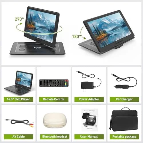 PJGCWB 15.6" Portable DVD Player with Bluetooth Headset & Carrying Bag | 1280x800 HD Swivel Screen, 5-Hour Battery thumbnail 8