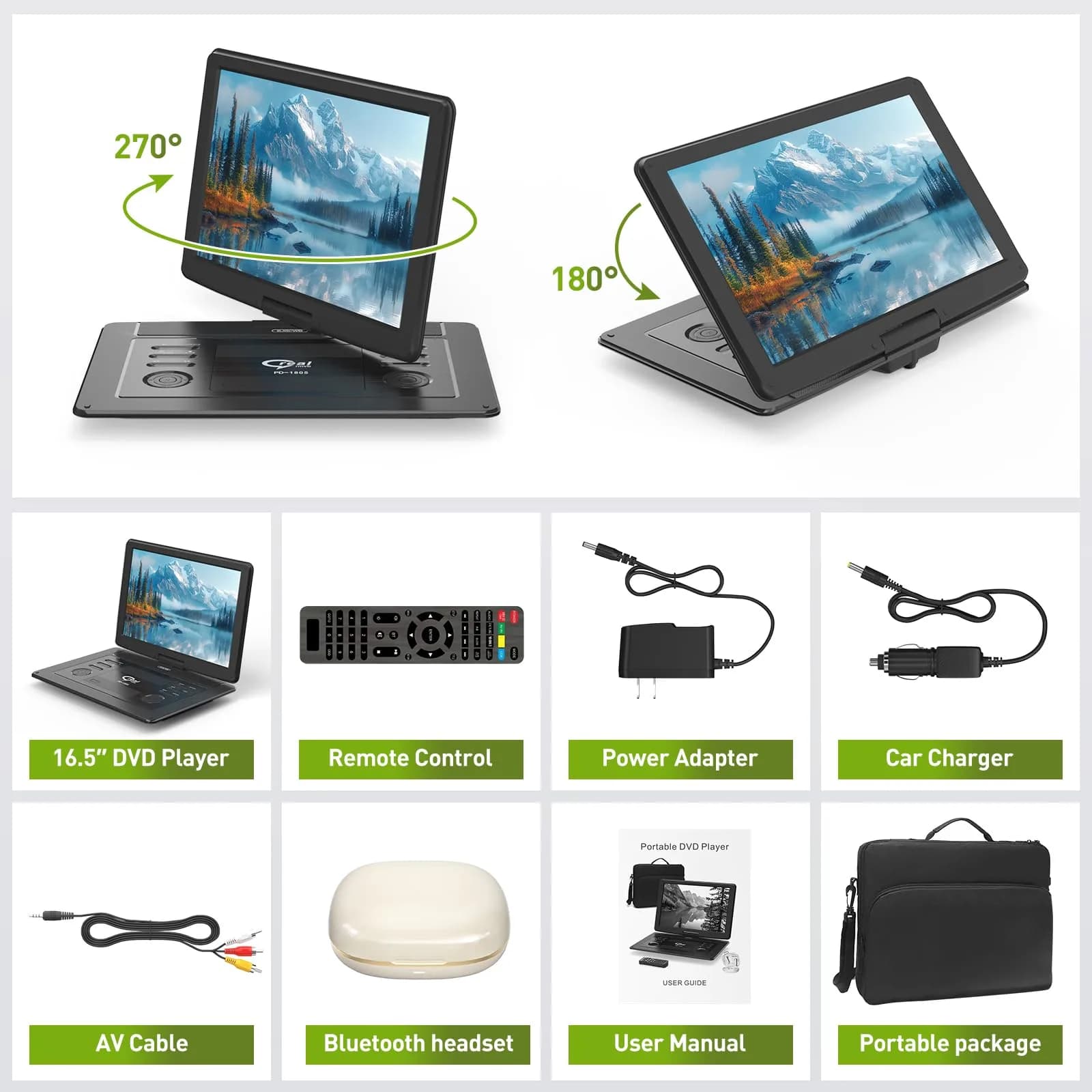 PJGCWB 15.6" Portable DVD Player with Bluetooth Headset & Carrying Bag | 1280x800 HD Swivel Screen, 5-Hour Battery - view 8
