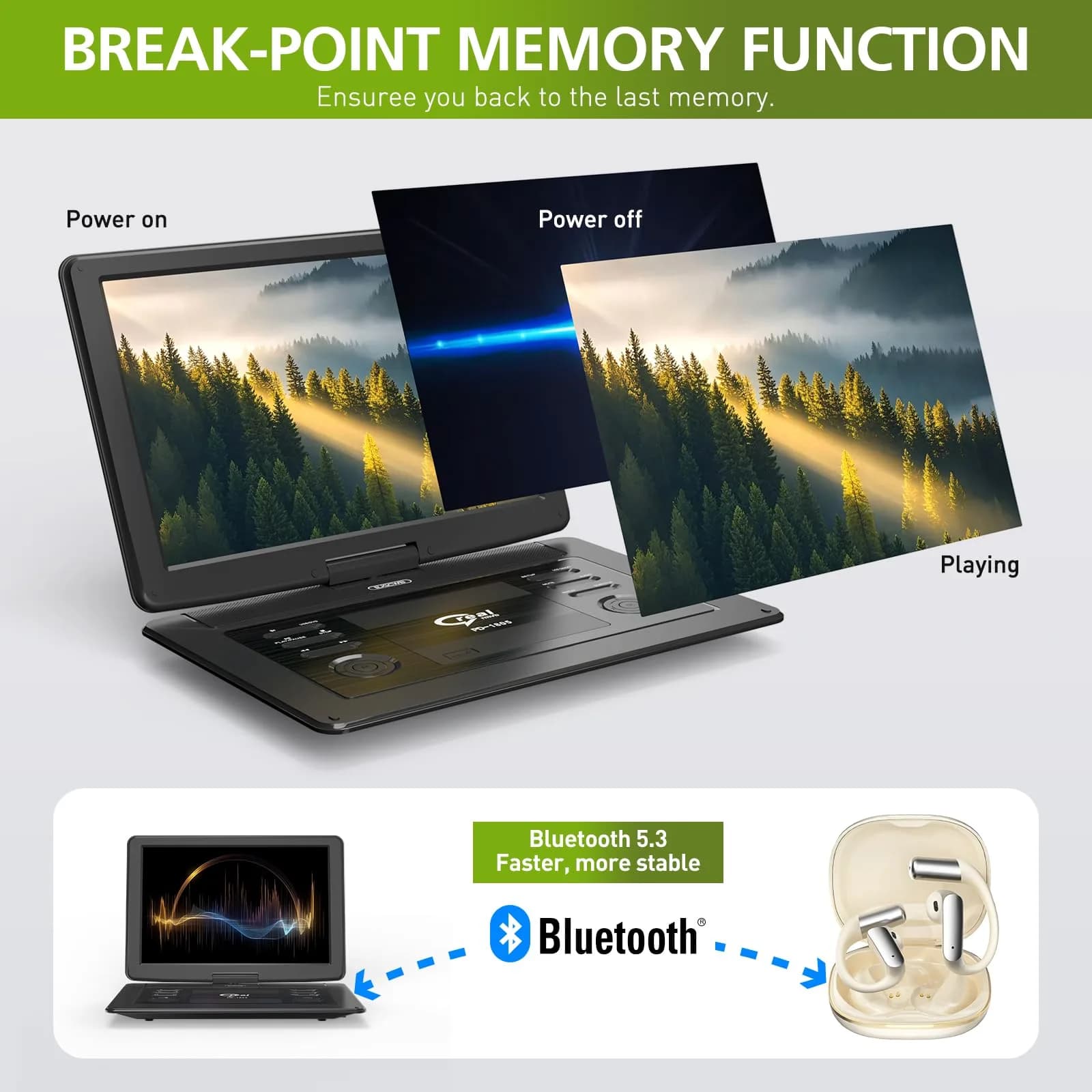 PJGCWB 15.6" Portable DVD Player with Bluetooth Headset & Carrying Bag | 1280x800 HD Swivel Screen, 5-Hour Battery - view 3