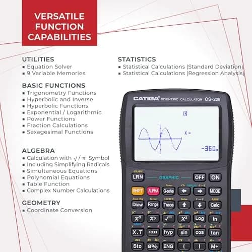 CATIGA Scientific Calculator CS-229 Graphing & Scientific Modes | 12-Digit LCD, Solar & Battery Power thumbnail 4