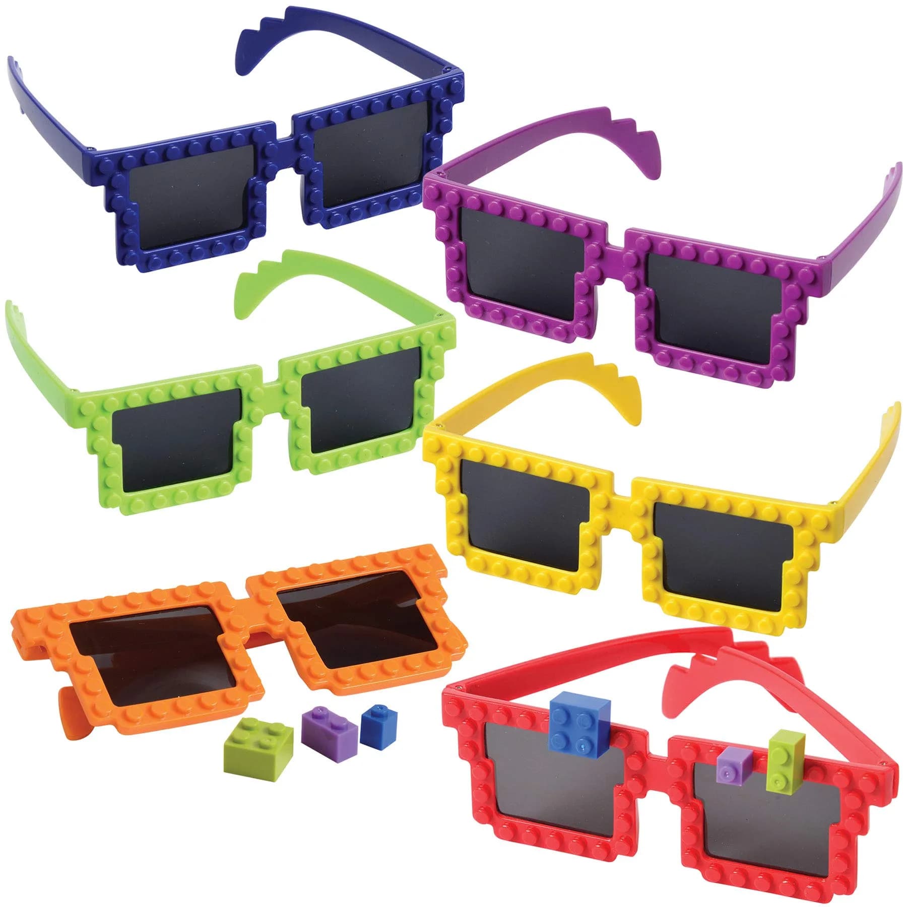 Bedwina Building Blocks Sunglasses (6-Pack) Neon Kids Party Favors | Creative DIY Design (70-120 chars) — Red, Blue, Green, Purple, Orange