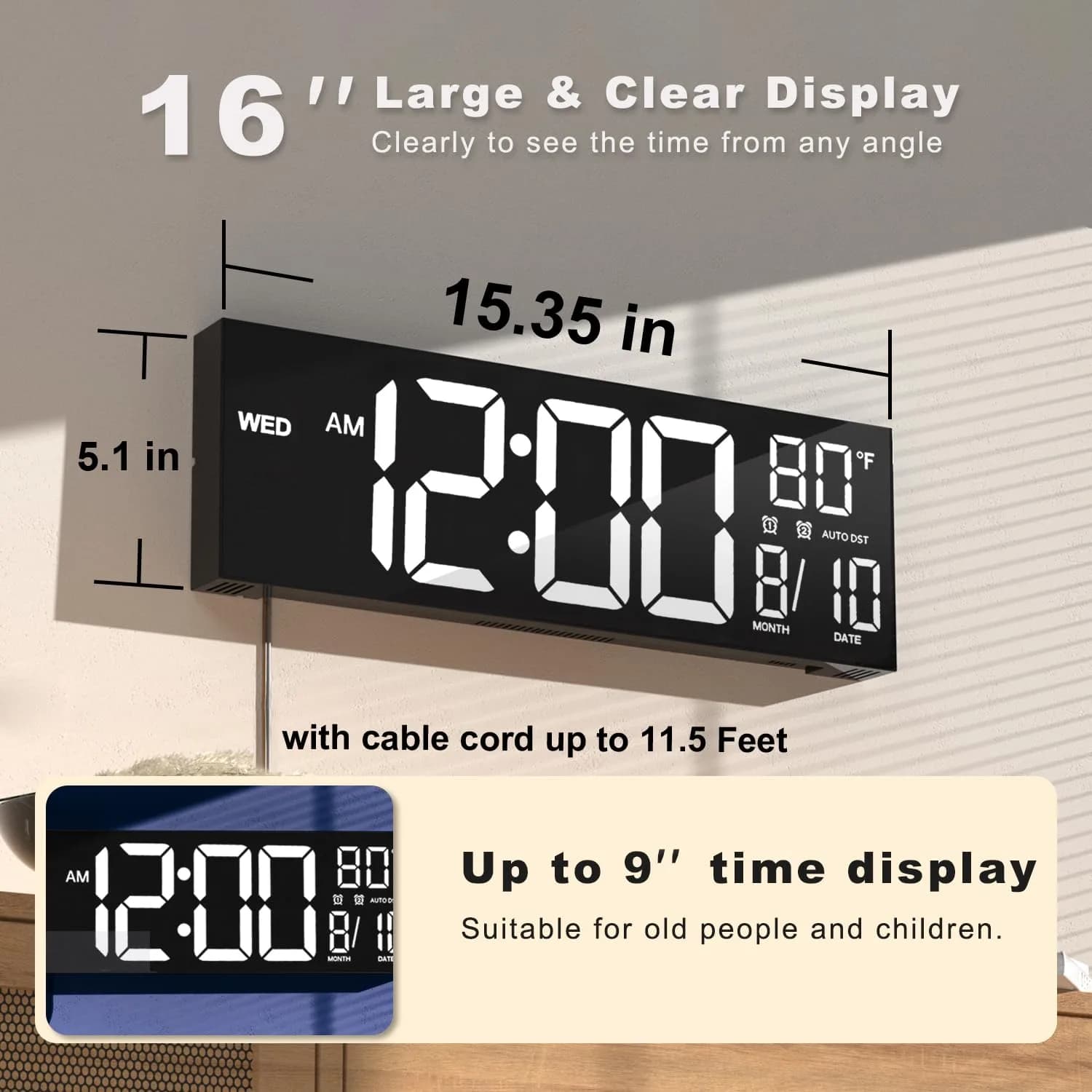 JALL 16-inch White Digital Wall Clock with Date, Day, Temperature & Auto DST - view 2