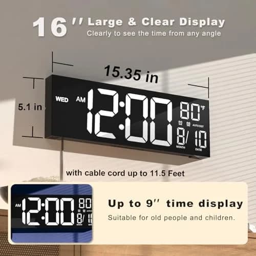 JALL 16" Digital Wall Clock with Alarm & Temperature | Large LED Display, Auto DST, Night Light, Plug-in (70-120c) thumbnail 2