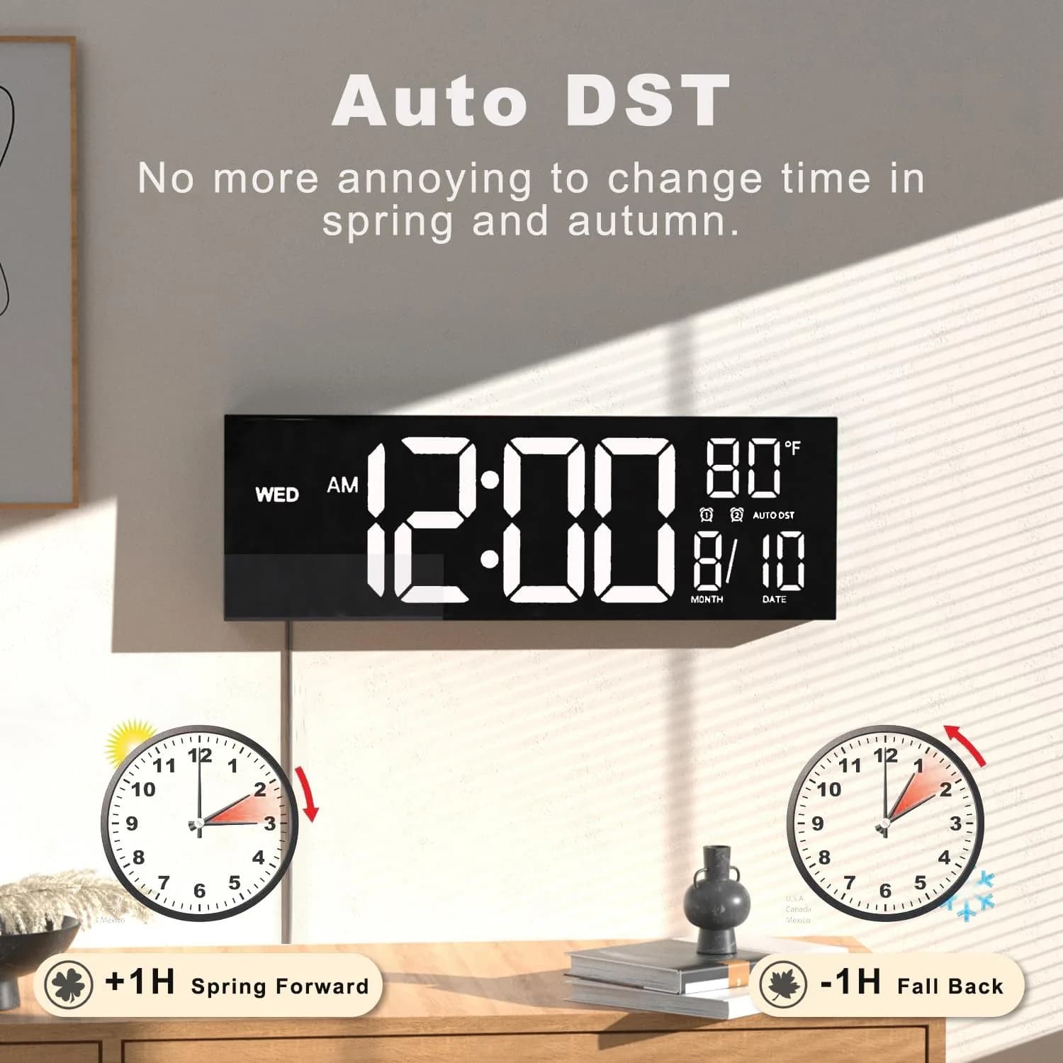 JALL 16-inch White Digital Wall Clock with Date, Day, Temperature & Auto DST - view 4