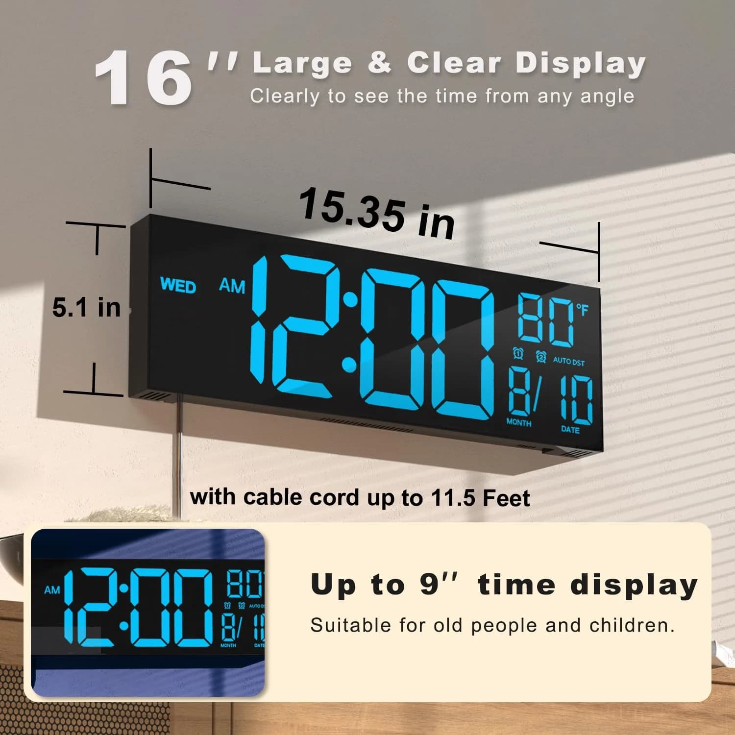 JALL 16-inch Blue Digital Wall Clock with Date, Day, Temperature & Auto DST - view 2