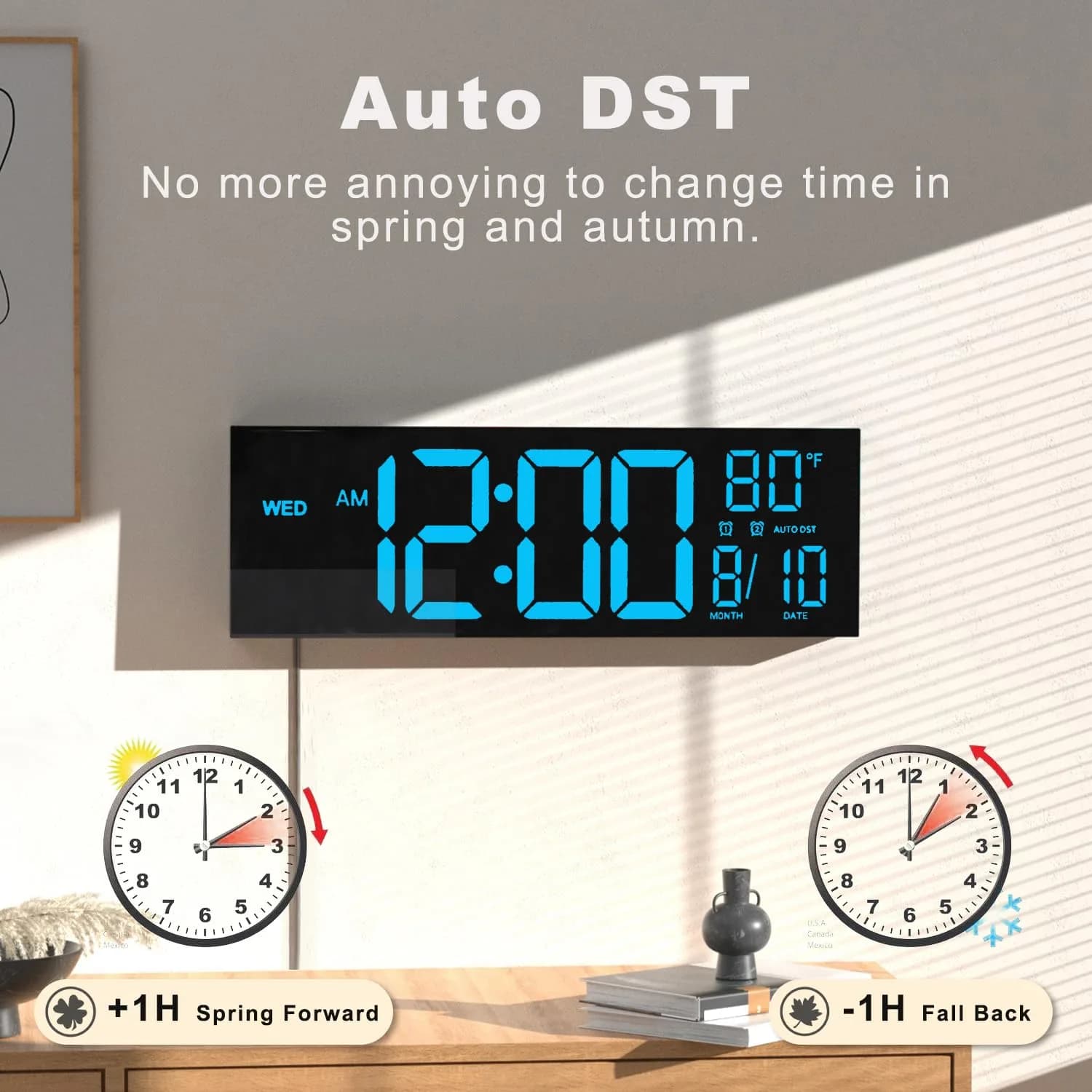 JALL 16-inch Blue Digital Wall Clock with Date, Day, Temperature & Auto DST - view 4