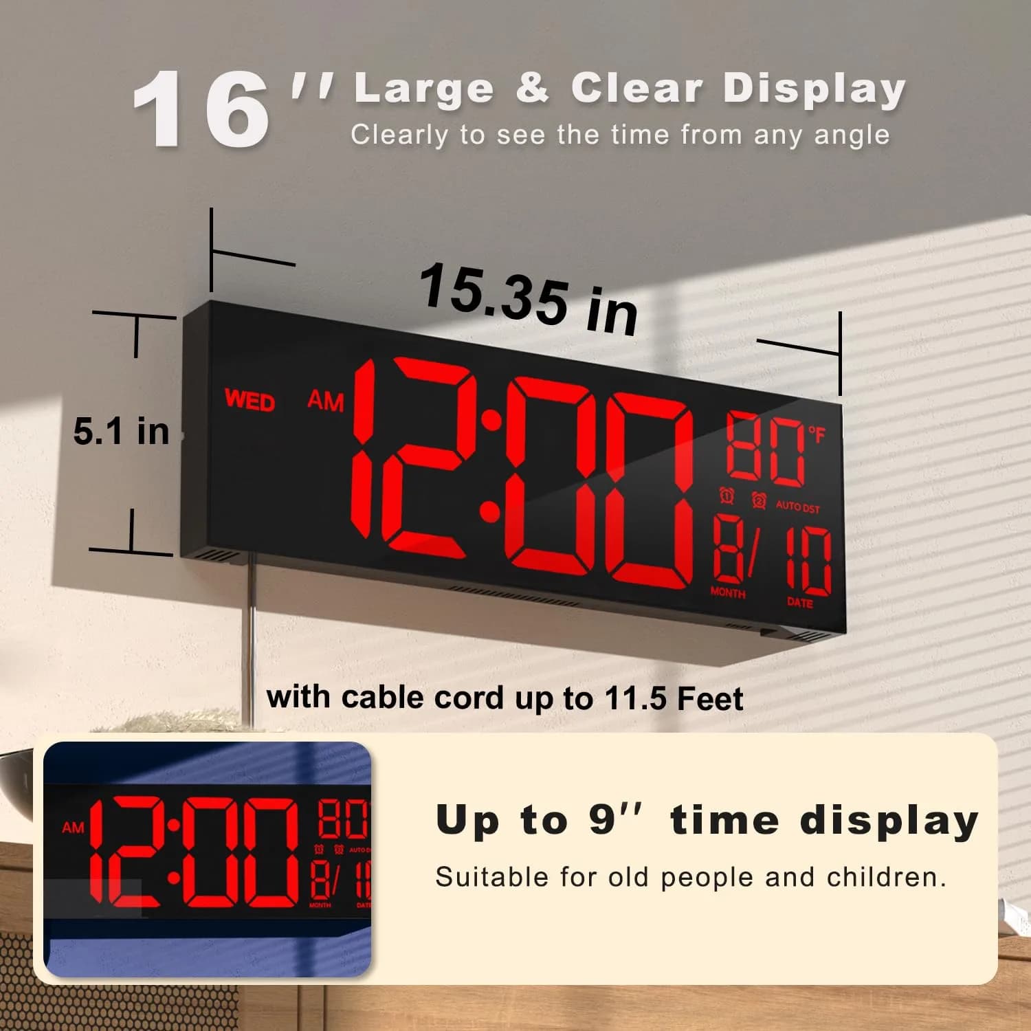 JALL 16 Inch Red Digital Wall Clock with Date, Day & Temperature | Jumbo LED Display - view 2