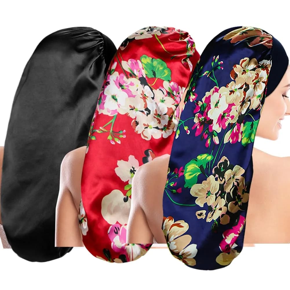 Oumrote Long Satin Sleep Bonnet for Hair Care, Women's Curly Hair, 26 inches (Pack of 3) — Ou-set-4