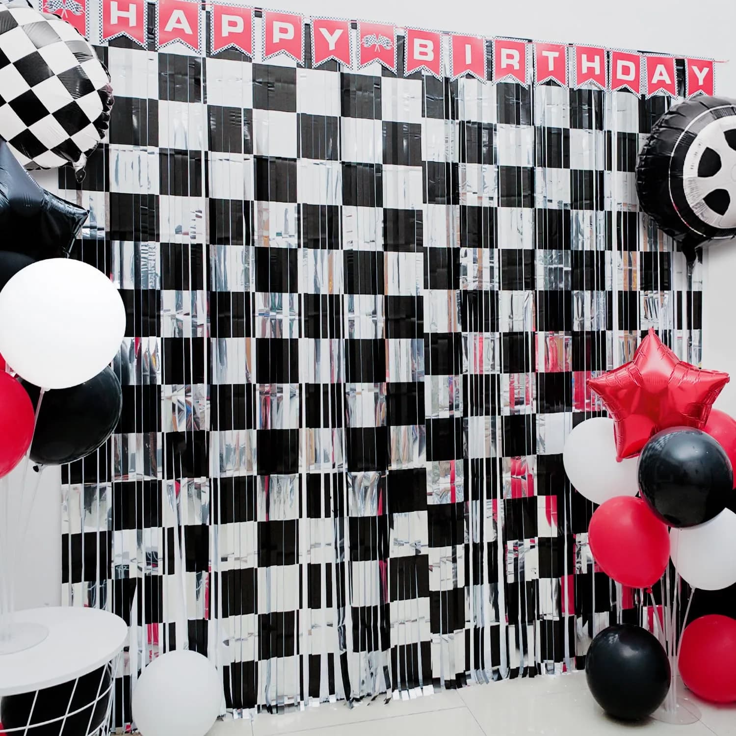 Simaya Race Car Party Decoration 1 Pack | Checkered Fringe Curtains for Race Car Theme Kids Party