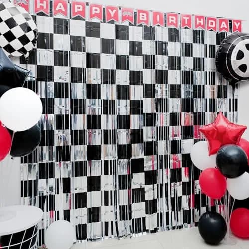Simaya Race Car Party Decoration 1 Pack | Checkered Fringe Curtains for Race Car Theme Kids Party thumbnail 1