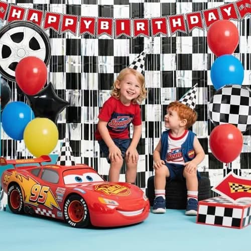 Simaya Race Car Party Decoration 1 Pack | Checkered Fringe Curtains for Race Car Theme Kids Party thumbnail 4
