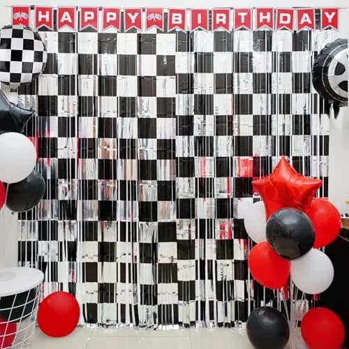 Simaya Race Car Party Decoration 1 Pack | Checkered Fringe Curtains for Race Car Theme Kids Party thumbnail 2