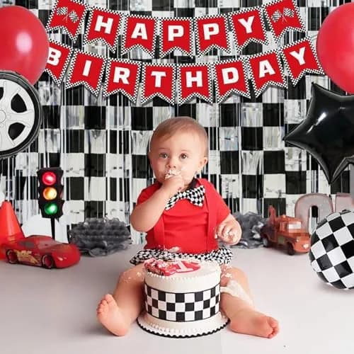 Simaya Race Car Party Decoration 1 Pack | Checkered Fringe Curtains for Race Car Theme Kids Party thumbnail 3