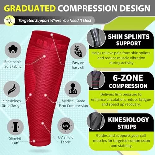 BLITZU Calf Compression Sleeves Red Large/X-Large | FDA Approved Orthopedic Brace for Shin Splints & Swelling Relief thumbnail 3