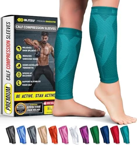 BLITZU Calf Compression Sleeves Large/X-Large Teal | Patented Kinesiology Strips for Targeted Pain Relief thumbnail 1