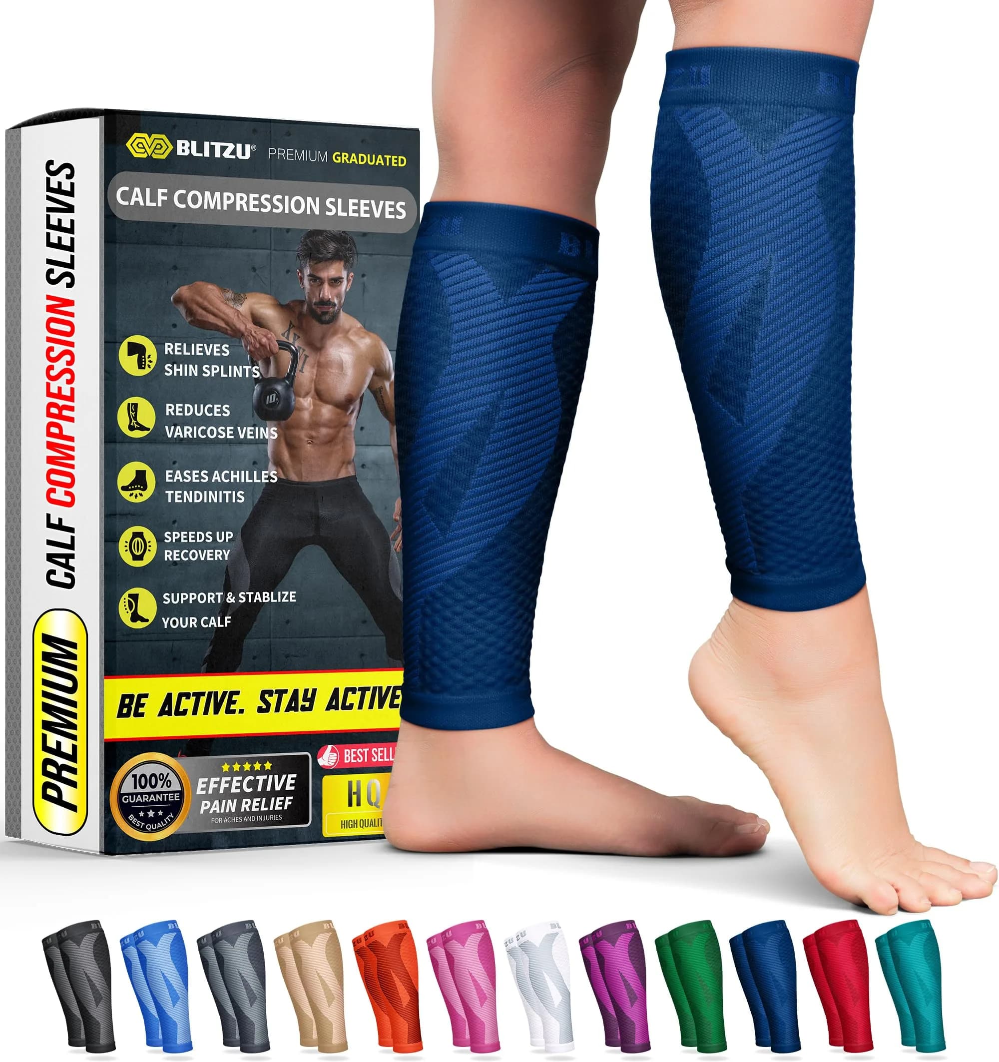 BLITZU Navy Large/X-Large Calf Compression Sleeves for Shin Splints & Varicose Veins - main product image