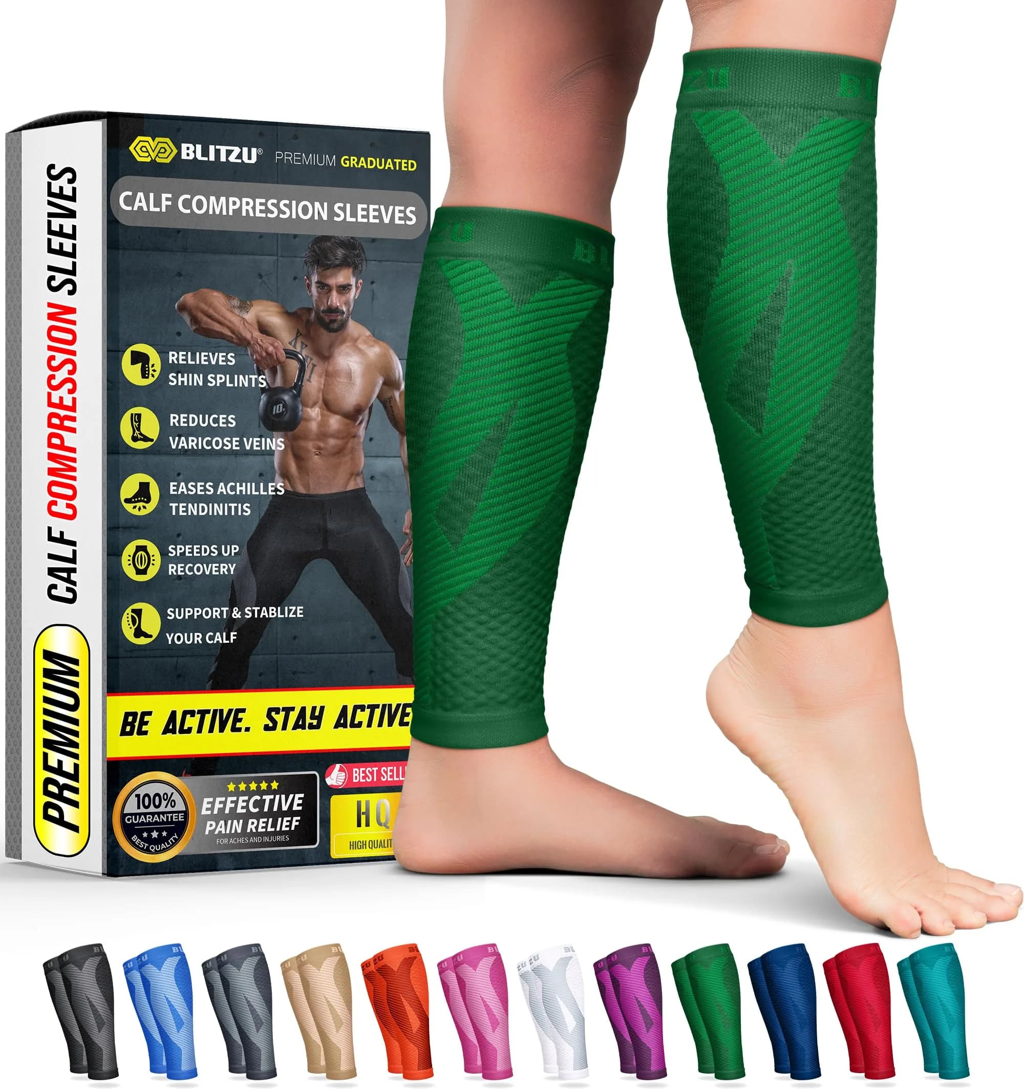 BLITZU Calf Compression Sleeves Green Large/X-Large | FDA Approved Orthopedic Brace for Shin Splints & Varicose Veins - main product image